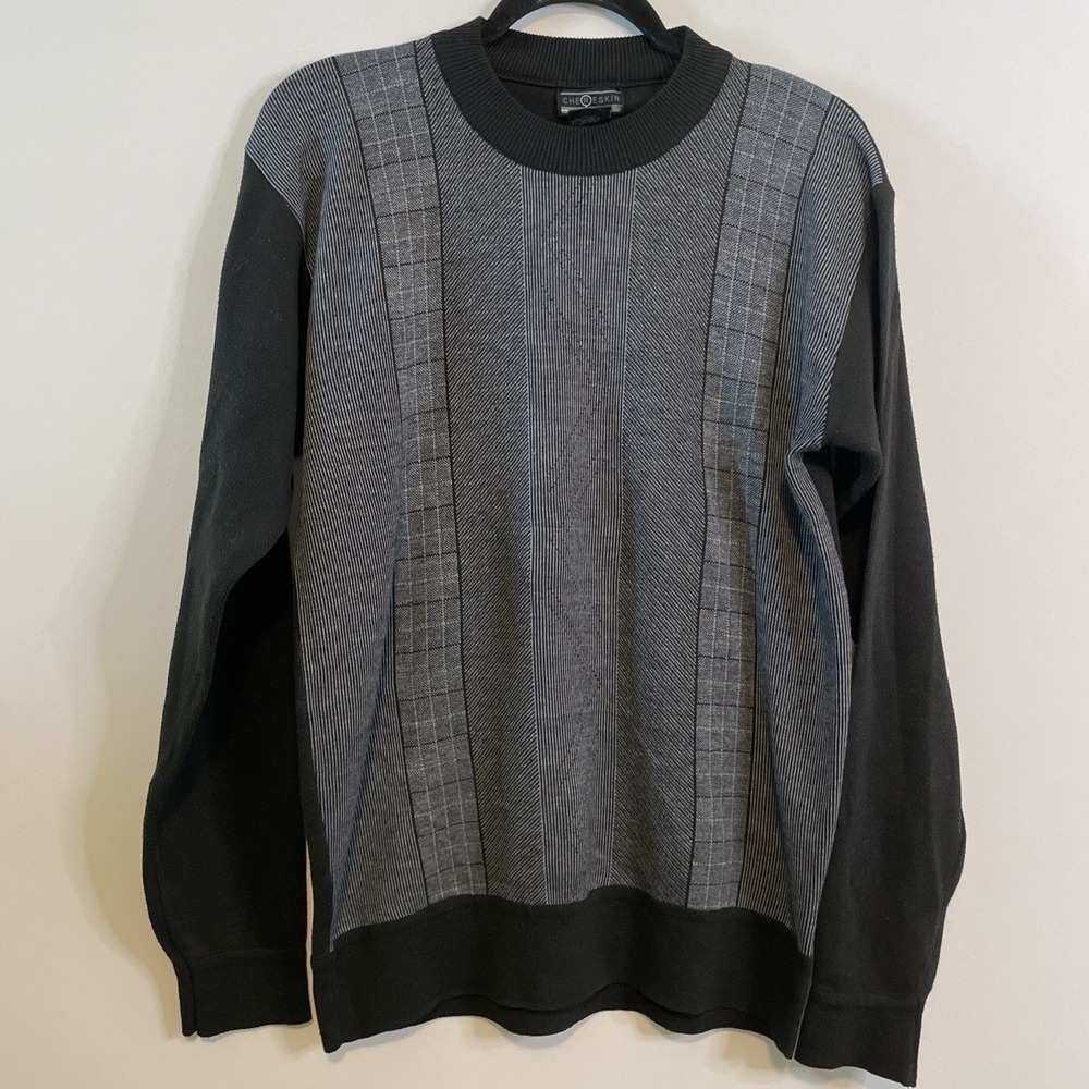 Chereskin XL Gray Black Crewneck Sweater Plaid Front‎ Pullover Classic
